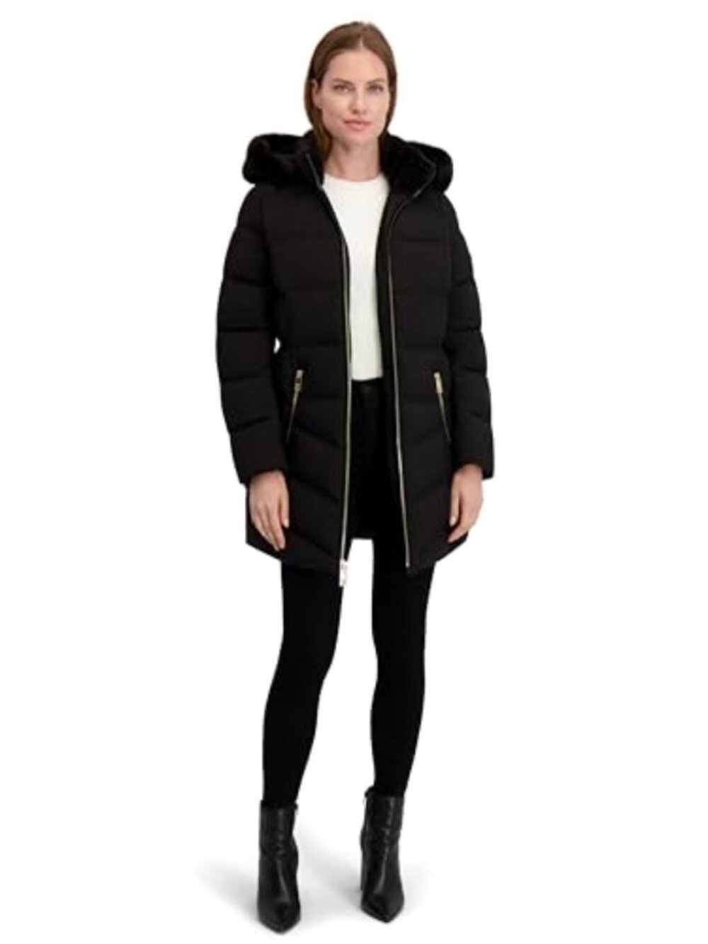 Stretch Quilted Puffer Jacket Zip-Off Hood Faux Fur Winter Coat